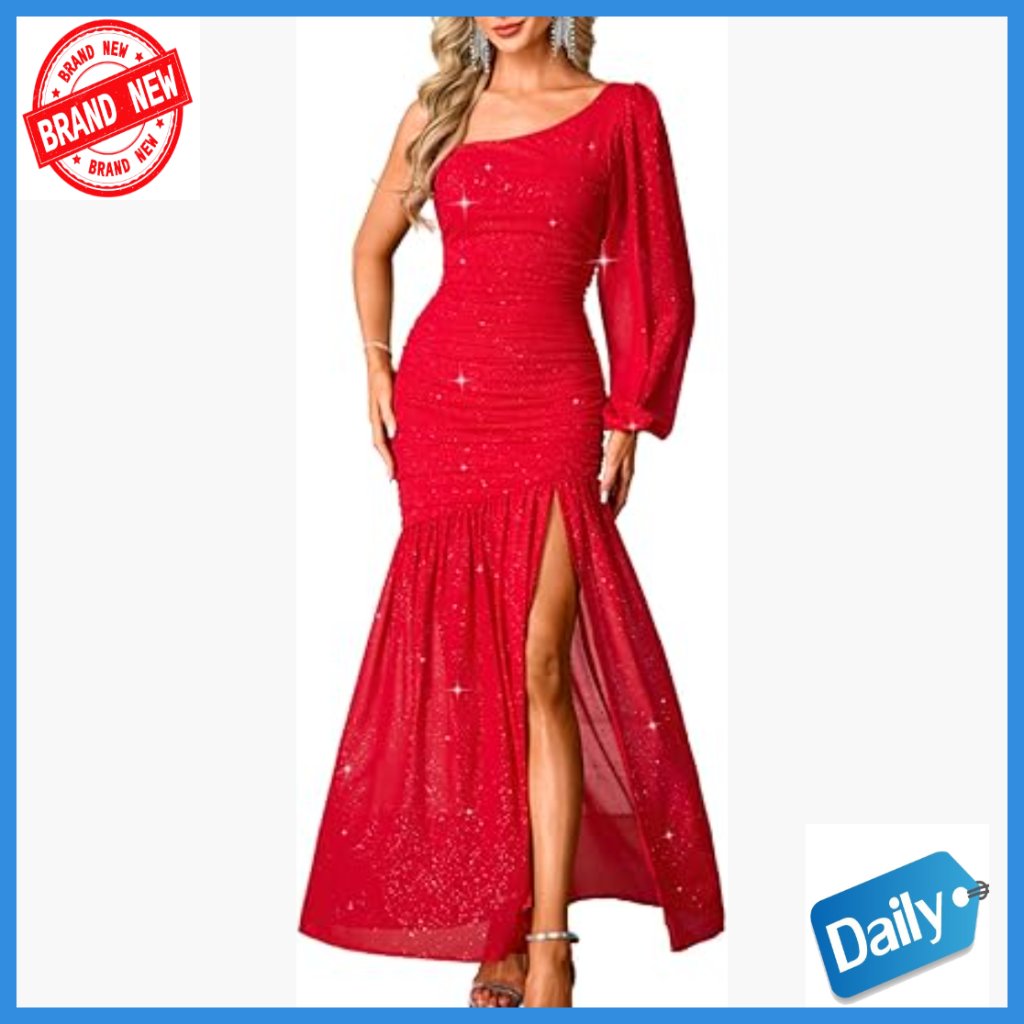 One Shoulder Ruched High Slit Long Formal Evening Gown Prom Dress
